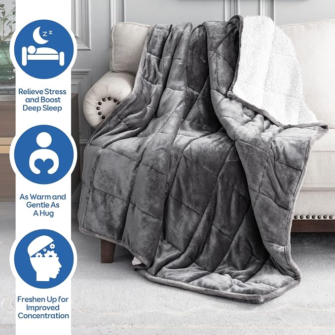 Cottonblue Sherpa Fleece Weighted Blanket 12lbs for Adults Twin Size 48x72 | Soft Cozy Flannel Weighted Blankets Throw for Sleep Calm Relax, Fuzzy Warm Bed Couch Heavy Blanket, Glass Beads, White Grey