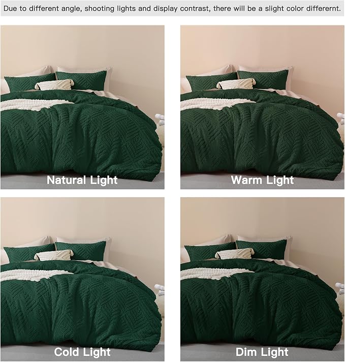 Litanika Queen Size Comforter Set, 3 Pieces Tufted Boho Bedding Set | Emerald Green Farmhouse Shabby Chic Vintage Bohemian Textured Aesthetic Soft Fluffy Lightweight Breathable All Season Bed Set
