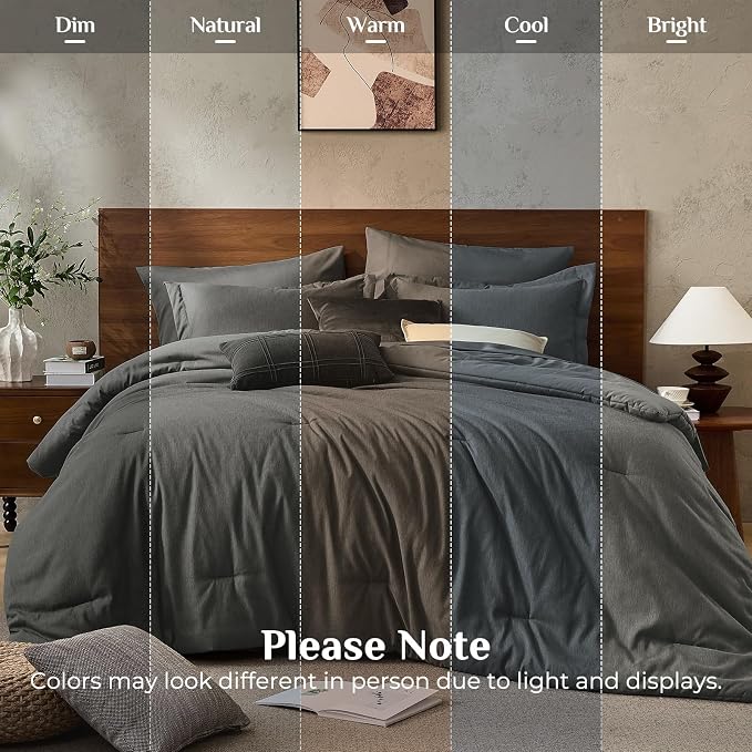 JOLLYVOGUE Dark Grey King Comforter Set, Cationic Dyeing Bed in a Bag King 7 Pieces, Double-Tone Bedding Set with Down Alternative Comforter, Sheets, Pillowcases & Shams