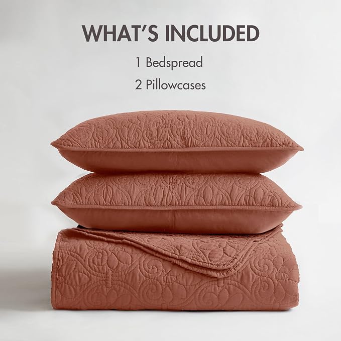 Madison Park Queen Quilt Bedding Set, Cottage-Inspired Damask, 3PC | All Season Quilted Coverlet, Classic Stitch Pattern Bedspread & Shams, Ultra Soft Microfiber Bedspread Set, Clay Red