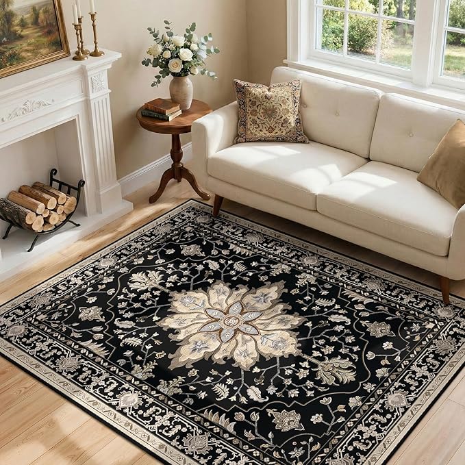 RELEANY Washable Area Rug, 4'x6', Black/Neutral | Non-Slip, Water Repellent, Pet Friendly, Easy to Clean, Vintage Floral Boho Decor for Living Room Bedroom Kitchen Office