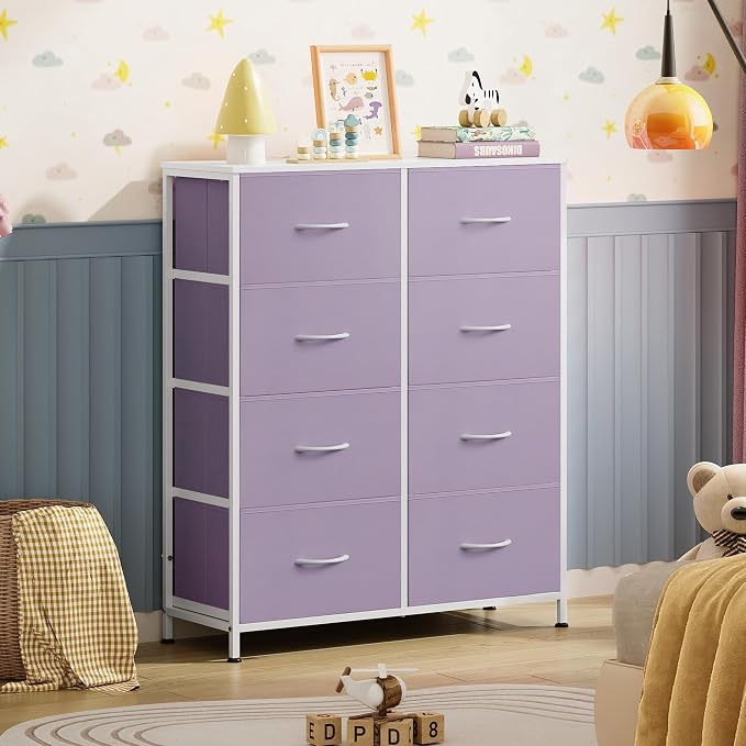 WLIVE 8 Drawer Fabric Dresser for Bedroom, Tall Storage Tower, Purple | Purple 8-drawer tall storage tower with fabric bins and wood tabletop, breathable non-woven, perfect for bedroom closet dorm