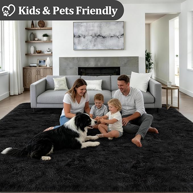 9x12 Area Rug Living Room Bedroom: Fluffy Plush Shag Carpet Black | For Kids Room Playroom Nursery Home Decor,Ultra Soft,Non-Slip Non-Shedding,Fuzzy Plush,Large Indoor Floor Carpet,Easy Clean