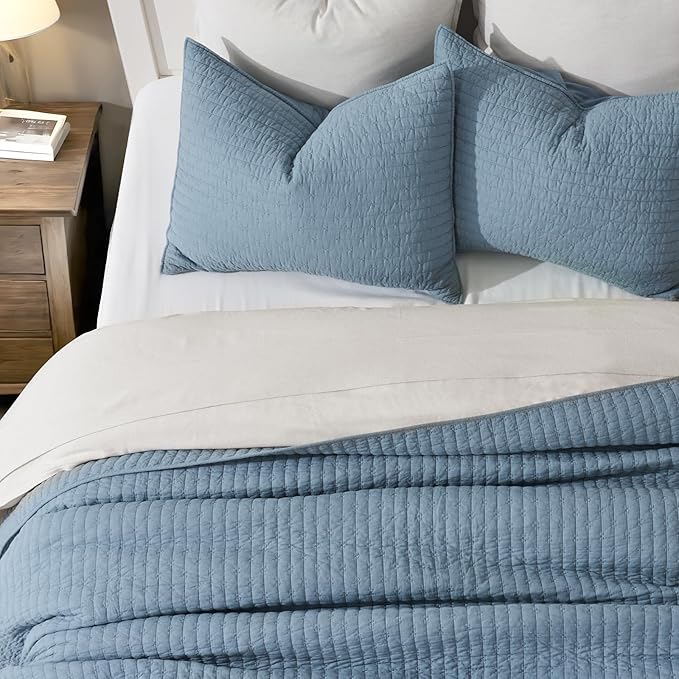 x Kinsey Walsh 100% Cotton Cross Stitch Quilt, King, Dusty Blue | 100% Cotton, Elegant Cross Stitch, Soft & Breathable, Prewashed Softness, Oversized Design, OEKO-TEX® Certified