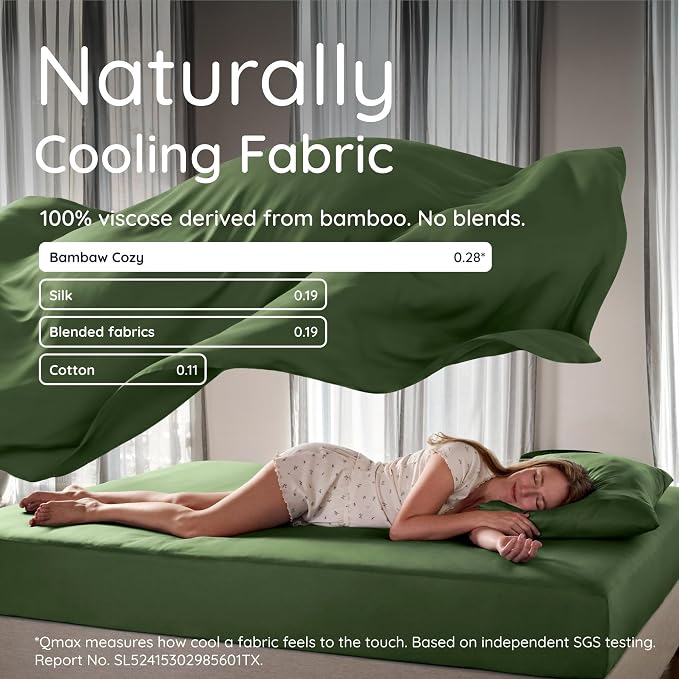Bambaw 100% Viscose Derived from Bamboo Queen Sheet Set 6 Piece, Queen Size Cooling Sheets for Hot Sleepers, Super Soft Sheets, Deep Pockets Fits Up to 16'' Mattresses (Olive)