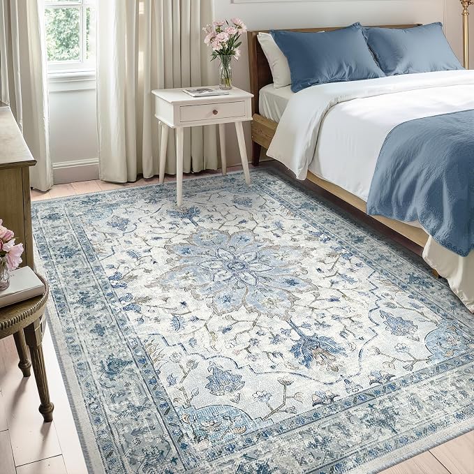 RELEANY Washable Area Rug, 5'x7', Blue/White/Gray | Non-Slip, Water Repellent, Pet Friendly, Easy to Clean, Vintage Floral Boho Decor for Living Room Bedroom Dining Room Office