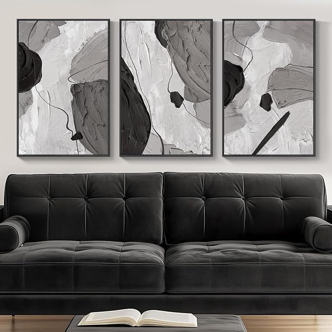 Framed Black and White Modern Abstract Wall Art, 3 Piece Canvas Prints Paintings Artwork for Walls, Minimalist Black White Grey Pictures for Living Room Dining Room Bedroom Office Wall Decor 16x24 In | Black Grey Paintings, Modern Artwork, Minimalist P...