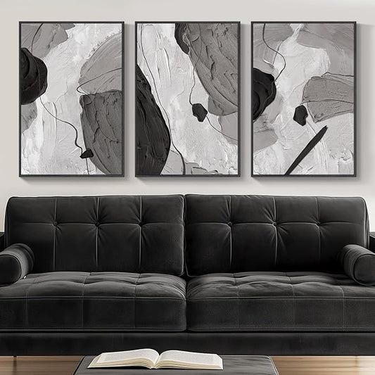 Framed Black and White Modern Abstract Wall Art, 3 Piece Canvas Prints Paintings Artwork for Walls, Minimalist Black White Grey Pictures for Living Room Dining Room Bedroom Office Wall Decor 16x24 In | Black Grey Paintings, Modern Artwork, Minimalist P...