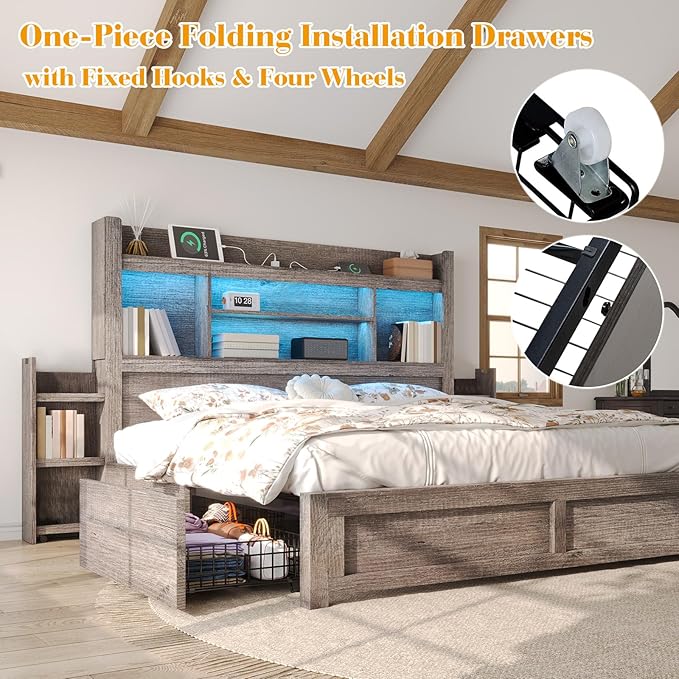 LUXOAK King Bed Frame with Storage, Bookcase Headboard,Grey | 49.6" Headboard, Wood Platform Bed, Charging Station, Bedside Storage, 4 Storage Drawers, No Box Spring Needed, Farmhouse
