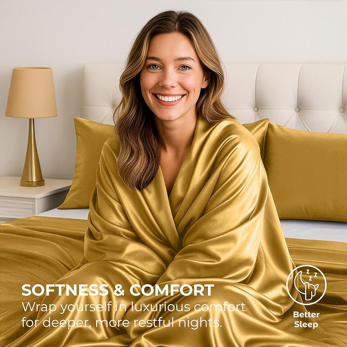 Satin Sheets Full [4-Piece, Gold] Hotel Luxury Silky Bed Sheets - Extra Soft 1800 Microfiber Sheet Set, Wrinkle, Fade, Stain Resistant - Deep Pocket Fitted Sheet, Flat Sheet, Pillow Cases