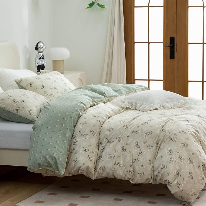 Floral Queen Comforter Set 3 Pieces Soft Chic Garden Style Green Floral Print Lightweight Botanical Flower Comforter Set for All Seasons 1 Comforter and 2 Pillowcases