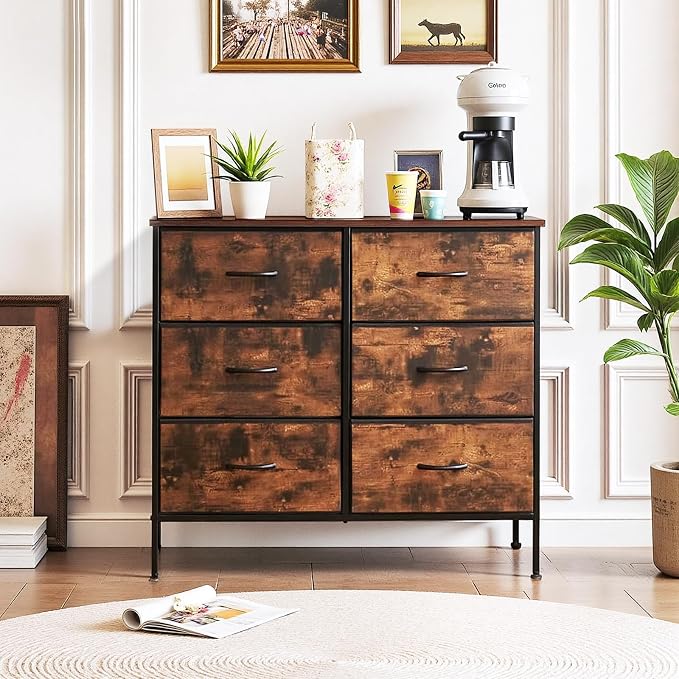 6-Drawer Dresser for Bedroom, Anti-Tip Wide Storage Organizer | Chest of Drawers with Wooden Top and Metal Frame Fabric Bins for Closet, Living Room, Hallway, Entryway, Brown
