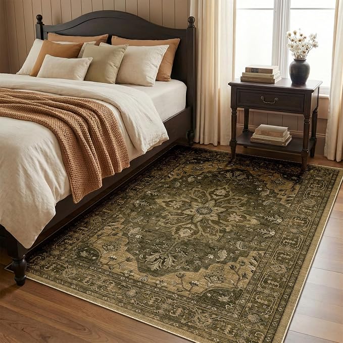 RELEANY Washable Area Rug, 4'x5', Brown/Dark Brown | Non-Slip, Water Repellent, Pet Friendly, Easy to Clean, Vintage Floral Boho Decor for Living Room Bedroom Kitchen Office
