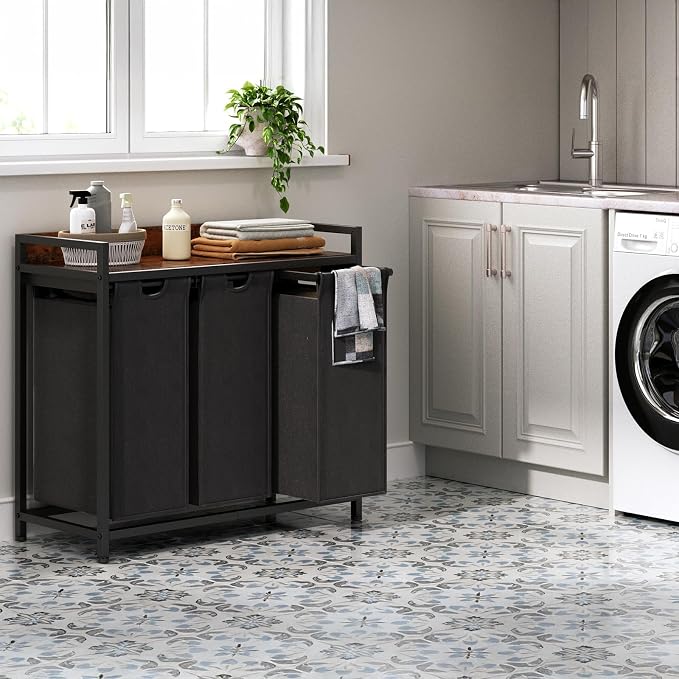 Herture Laundry Hamper with Shelf, Laundry Basket 3 Section, Laundry Sorter with Pull-Out Removable Large Bags and Movable Wheels, Metal Frame, 3 x 15.87 Gallons (60L), Rustic Brown + Black PF04XLY
