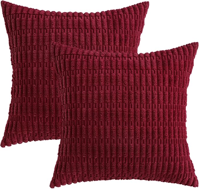 MIULEE Corduroy Decorative Throw Pillow Covers 18x18 Burgundy Pack of 2 | Soft Boho Striped Pillow Covers Modern Farmhouse Home Decor For Sofa Living Room Couch Bed