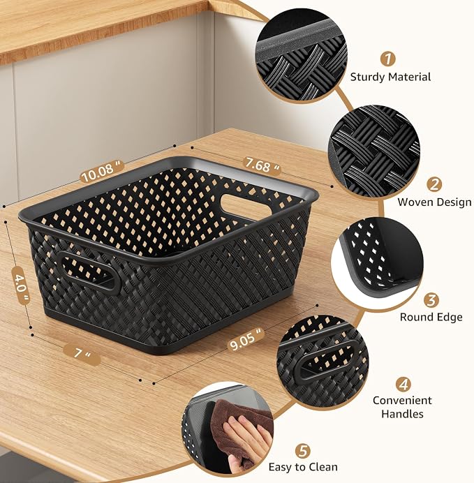 MaxGear 3 Pack Plastic Storage Baskets, Medium, Black | Durable Woven Plastic with Built-In Handles, Suitable for Shelves, Closets, Cabinets, Bathrooms and Offices