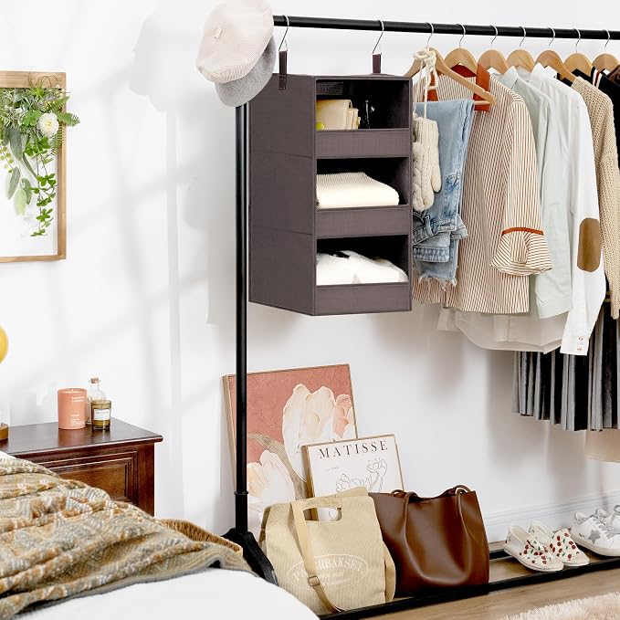 GRANNY SAYS 3-Shelf Hanging Closet Organizer, Foldable Storage, Dark Brown | 33 lb Capacity, No-Sag Support, Keeps Clothes Neat, Folds Flat, Fits RV, Dorm & Small Closets