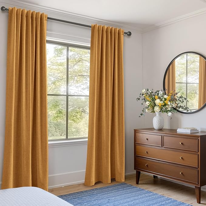 Faux Linen Total Blackout Curtains for Bedroom 96 Inch Long Mustard Yellow | 100% Blackout Shield, Back Tab/Rod Pocket Living Room Drapes, Thermal Insulated Blackout Curtains 2 Panels Set, 50"W x 96"L