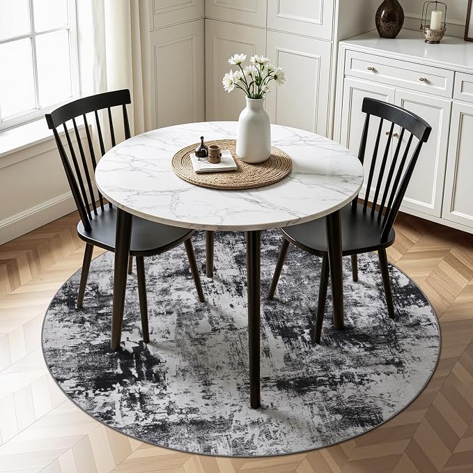 Rugflix Round Area Rugs 4Ft for Living Room, Washable Black Grey Circle Rug | Machine Washable; Stain-Resistant; Low Pile; Non-Slip; Modern Abstract; Carpet for Bedroom Dining Office Nursery Home