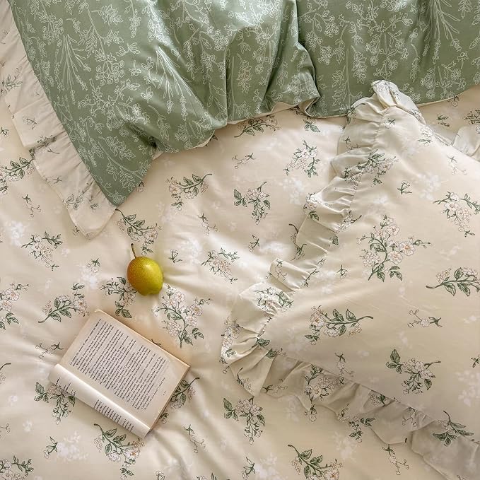 mixinni Reversible Sage Green Floral Duvet Cover Set Queen Size - 100% Cotton Cute Botanical Patterns Bedding Set with Ruffle Lace, 3PCs Beige Soft Aesthetic Cottagecore Style Duvet Cover for Girls