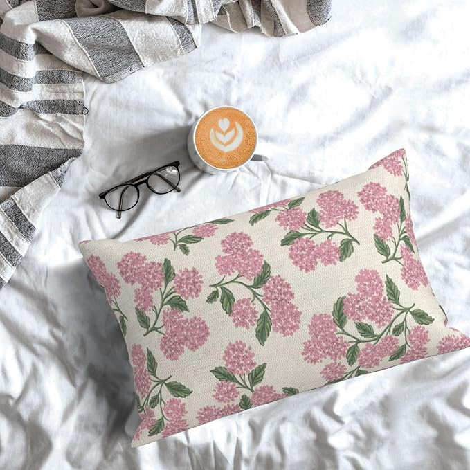 Preppy Pink Pillow Covers 12x20 Inch 2 Pcs Green Hydrangea Flower Decor Throw Pillows Vintage Floral Seasonal Spring Summer Outdoor Decoration Pillowcase Linen Cushion Cover for Couch Sofa
