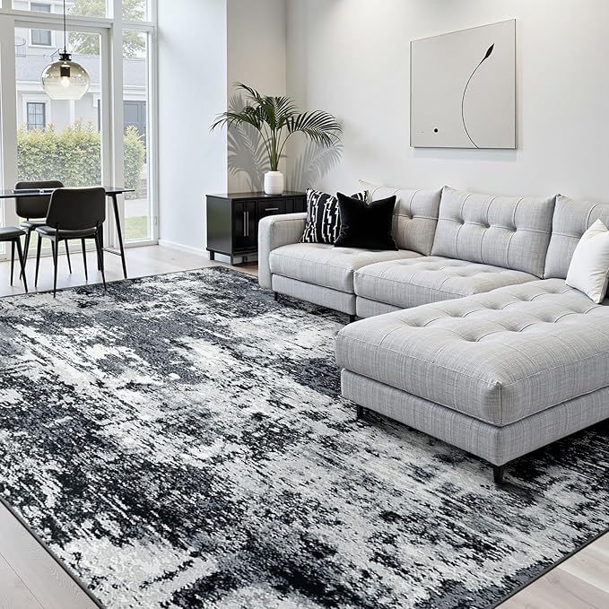 RELEANY Washable 5'x8' Abstract Area Rug for Living Room Black White | Carpet for Bedroom, Kitchen, Office, Hallway and Entryway, Printed Pattern, Non‑Slip, Soft, Stain‑Resistant, Easy to Clean