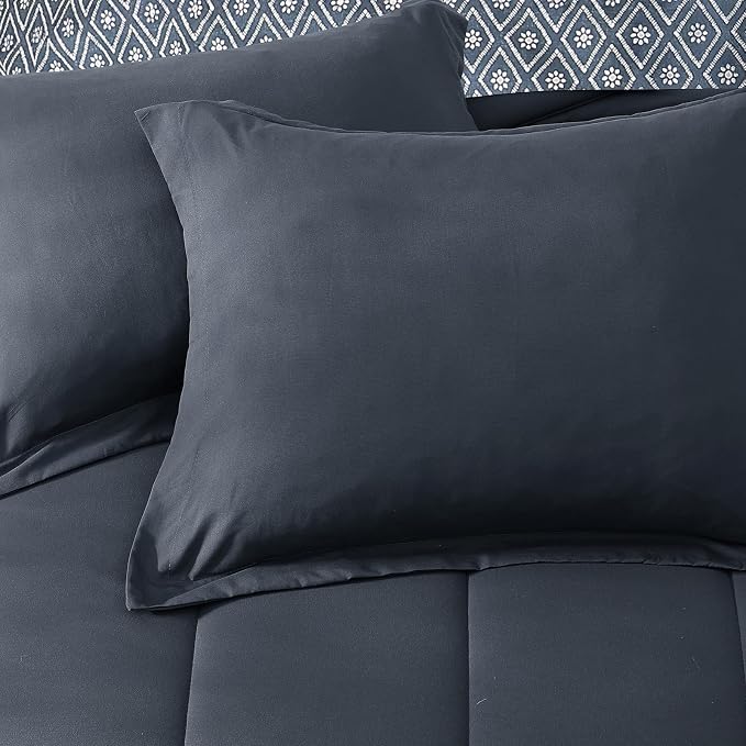 Monbix Queen Comforter Set -7 Pieces Soft Bed in a Bag Queen Bedding Sets | All Season Blue Grey Track Stitching Comforter Bed Set with Printed Sheets, Pillowcases & Shams