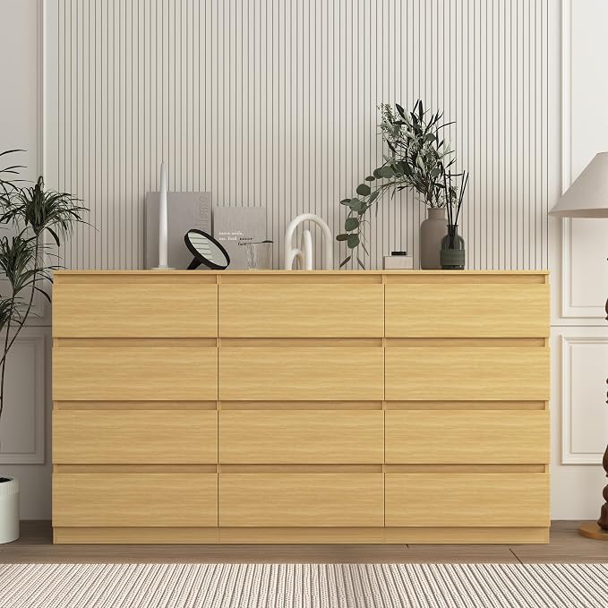Vibe & Dine 12 Drawer Dresser, 59.1" Large Dresser for Bedroom Free Handle, Modern Wooden Chest of Drawers with Wide Storage for Living Room, Natural Wood