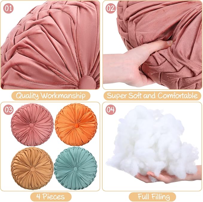 Kathfly 4 Pcs Round Throw Pillows Velvet,Orange, Yellow, Pink, Green | Pleated Pumpkin Design, Soft Velvet Fabric for Bed Sofa Chair, 14 Inch Diameter Floor Cushion, Elegant Home Decor Accent