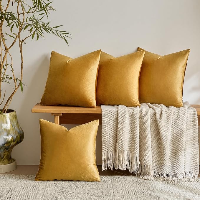 GIGIZAZA Pack of 4 Golden Decorative Velvet Pillow Covers 18x18 | Throw Pillows for Couch Sofa,280gsm Soft Textured Fabric,Modern Accent Pillowcases,Luxury Living Room Cushion Covers