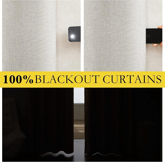 NICETOWN Ivory Blackout Curtains for Classroom 52" Wide x 95" Long 2 Panels | Absolutely Room Darkening Linen Curtains Thermal Insulated White Coating, Noise Reducing Textured Linen Look Window Treatment