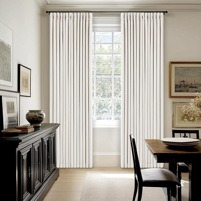 TWODRAPES Ivory Cream Pleated 100% Blackout Linen Curtains 86 Inches Long | Memory Trained, Pinch Pleat Back Tab, Black Out Thermal, Noise Blocking, Double Layer Windows Drapes for Bedroom Living Room