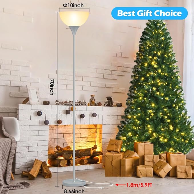 Coucrek Floor Lamp, LED Standing Lamps with White Plastic Shade, Corner Floor Lights for Living Room Bedroom, Rotary Switch, Bulb not Included, Grey