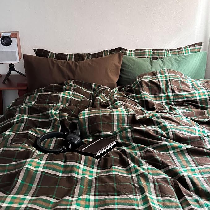 LifeTB Queen Comforter Set Brown Green Plaid Comforter Set, 3 Pieces Vintage Plaid Checkered Comforter with 2 Pillowcases, Fluffy Soft Breathable Grid Pattern Farmhouse Gingham Bedding Set Queen