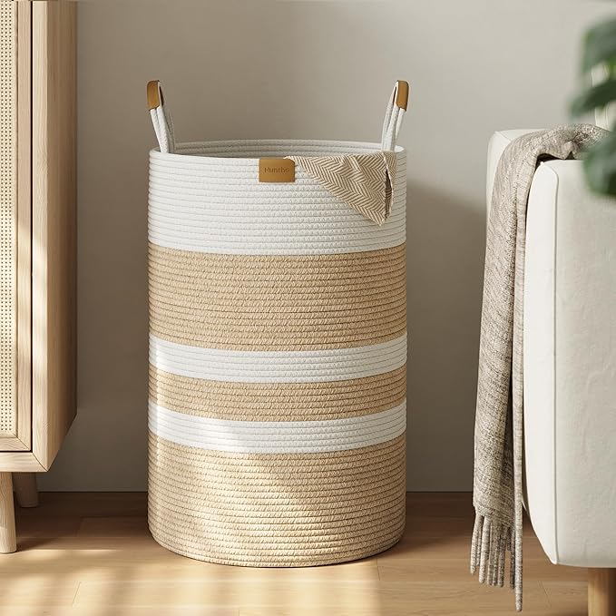 Nunsino 75L Striped Laundry Hamper with Leather Handles,Large Foldable Laundry Basket for Clothes,Cotton Rope Storage Bin for Blankets,Woven Clothes Basket for Bedroom,Beige Stripes