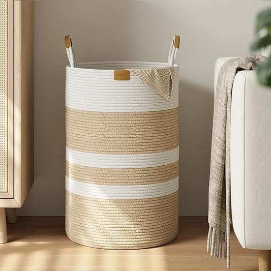 Nunsino 75L Striped Laundry Hamper with Leather Handles,Large Foldable Laundry Basket for Clothes,Cotton Rope Storage Bin for Blankets,Woven Clothes Basket for Bedroom,Beige Stripes