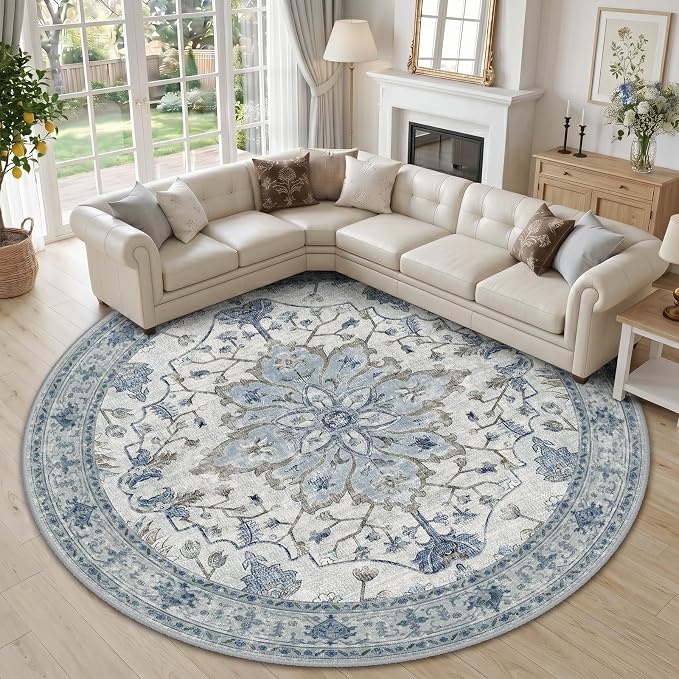 RELEANY Washable Area Rug, Round 10ft, Blue/White/Gray | Non-Slip, Water Repellent, Pet Friendly, Easy to Clean, Vintage Floral Boho Decor for Living Room Bedroom Dining Room