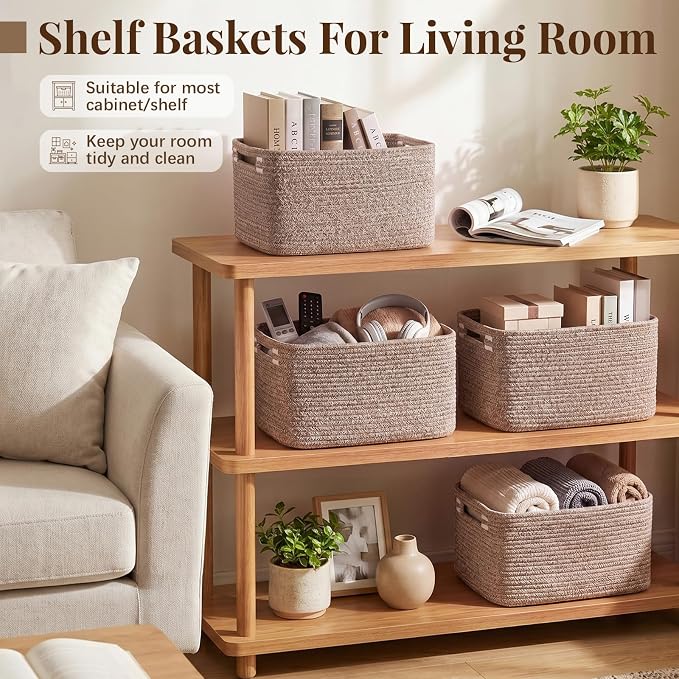 OIASKET 4Packs Natural Cotton Rope Storage Baskets for Organizing Toys, Clothes, Towels & Books, Soft Versatile Organizers for Shelves, Home Decorative Bins, 13''Lx9''Wx7.8''H, Linen Brown