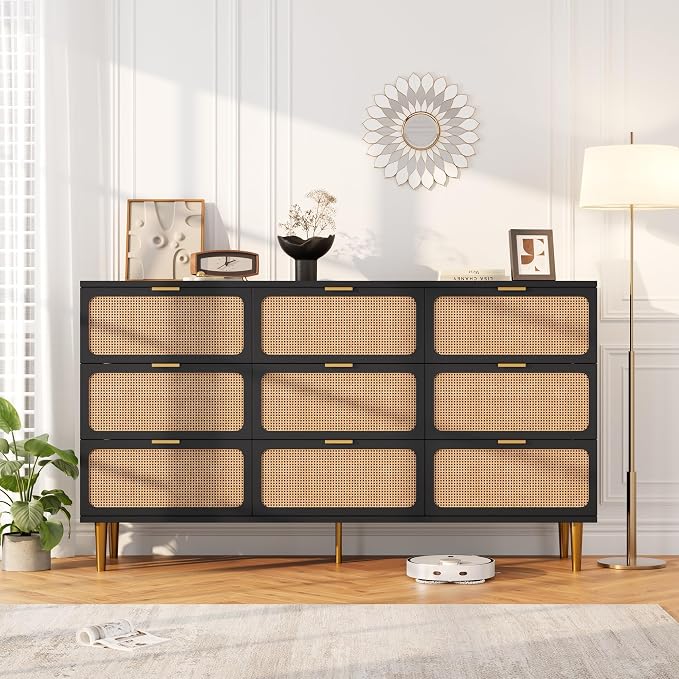 GarveeHome Rattan 9 Drawer Dressers for Bedroom, Deep Drawer, Black | Tall Dresser, Wide Top, for Living Room, Hallway, Kids Room, Large Chest of Drawers for Closet, Long Wooden Dresser