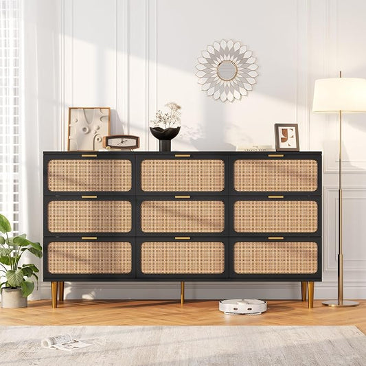 GarveeHome Rattan 9 Drawer Dressers for Bedroom, Deep Drawer, Black | Tall Dresser, Wide Top, for Living Room, Hallway, Kids Room, Large Chest of Drawers for Closet, Long Wooden Dresser