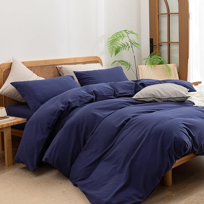 BESTOUCH Cotton Solid Duvet Cover Set Linen Feel Navy Blue Oversized King | 100% Washed Cotton, Soft Wrinkle Texture, Hidden Zipper, 8 Ties, Breathable Lightweight Durable Comfy, 3 Pcs No Insert