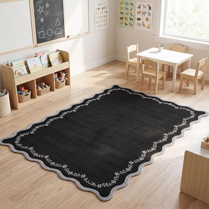 GarveeHome 3x5 Scalloped Washable Area Rug Non Slip Bedroom Entryway Rug | Soft Black Kitchen Rug Low Pile Carpet Stain Resistant Throw Rug for Bedside Kids Room Office Dining Room