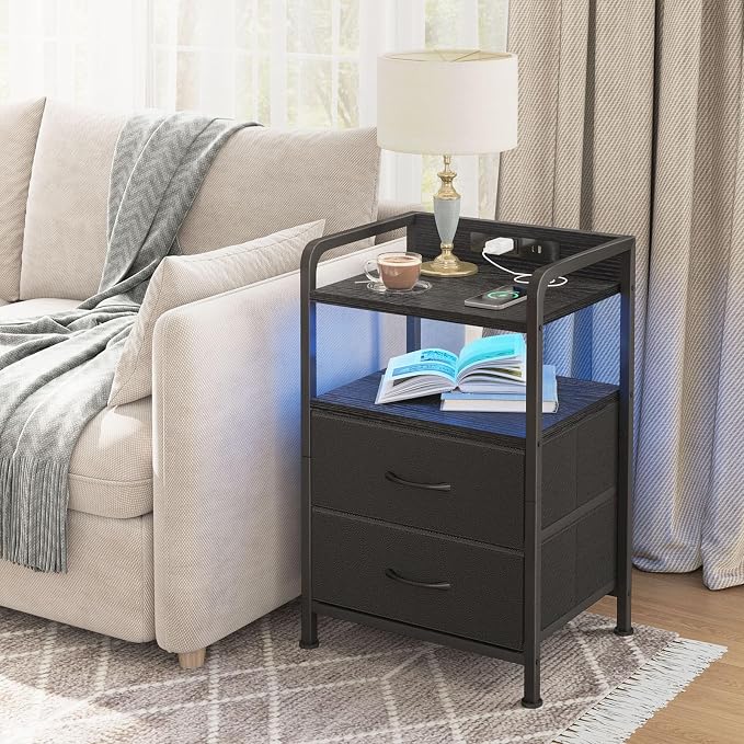 Fixwal Black Led Nightstand, Rear Charging Station, 2 Fabric Drawers | industrial style, built-in bedside charger, 2 AC outlets 1 usb port 1 c port, small bedroom furniture, end table, night stand
