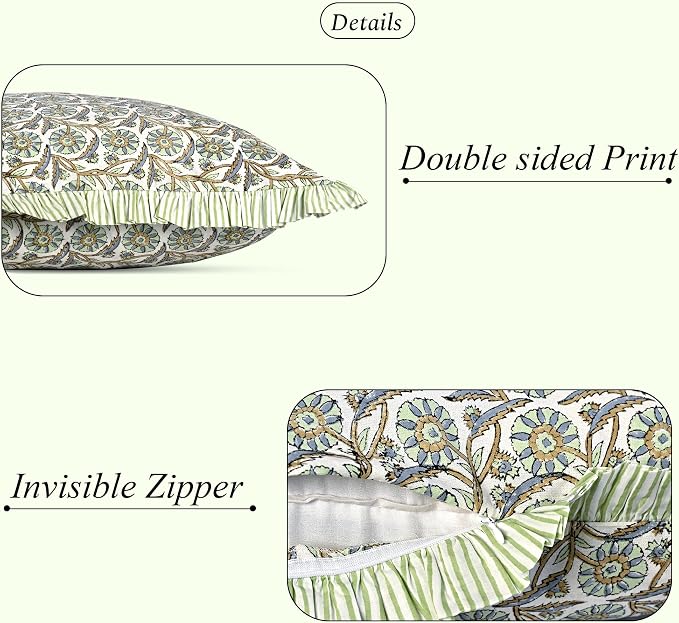 Ridhi Block Print Bloom Bubbles Ruffle Lumbar Pillow Shams, 36" x 14" Set-1 | 100% cotton, Floral Pillowcase, Cushion Cover, Hidden Zipper, Cottagecore Bedding, farmhouse boho style, fits couch, sofa,Bed