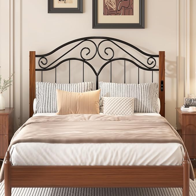 Headboard for Queen Size Bed Frame with Charging Station USB & Type C Ports | Vintage Platform Bed Headboard Only,Adjustable,Iron Legs,Easy Assembly,Black