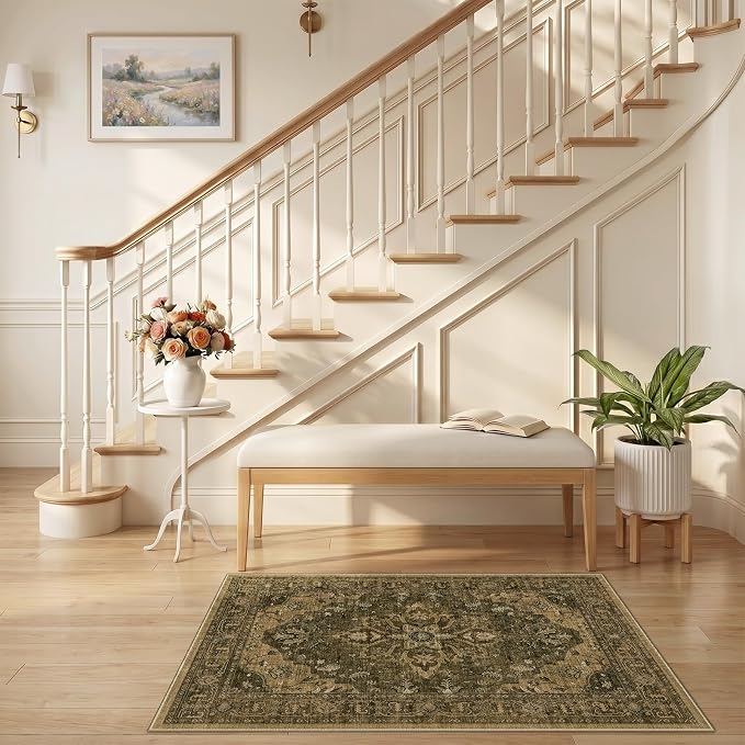 RELEANY Washable Area Rug, Small 2'6"x4', Brown/Dark Brown | Non-Slip, Water Repellent, Pet Friendly, Easy to Clean, Vintage Floral Boho Decor for Kitchen Entryway Bathroom