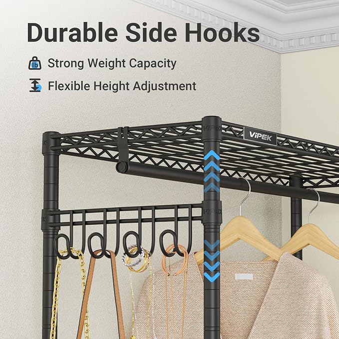 VIPEK R2 Plus Clothes Rack Heavy Duty Rolling Closet for Hanging Clothes | Lockable Silent Wheels, Double Hanging Rods, Adjustable Wire Shelving, Metal Side Hooks, Load 650lbs, for Bedroom/Home, Black