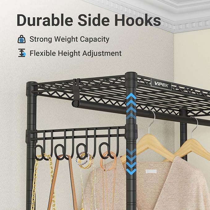 VIPEK R2 Clothes Rack for Hanging Clothes Rolling Clothing Rack Heavy Duty | Lockable Silent Wheels, Double Hanging Rods, Adjustable Wire Shelving/Side Hooks, Load 580lbs Space-Saving for Laundry, Black