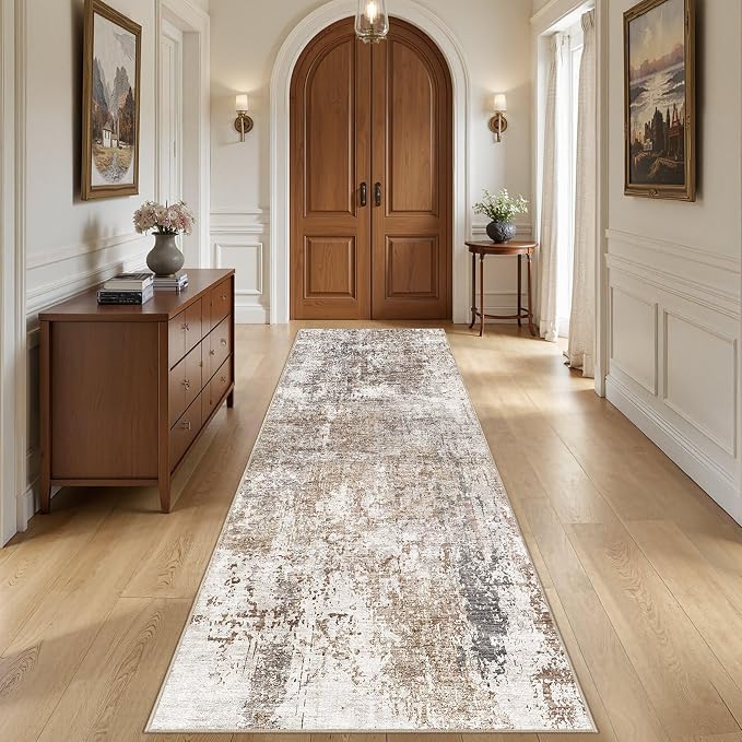 UERMEI 3x10 Washable Runner Rug for Hallway, Non Slip Low Pile Kitchen Carpet, Neutral Modern Abstract Indoor Floor Mat for Entryway Laundry, Kid & Pet Safe High Traffic Area, Brown/Grey/Red