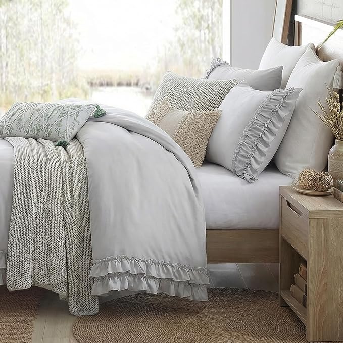 Bedorm Gray Duvet Cover Set Twin Ruffle Bedding Set Pleat Ruffled Shabby Chic Comforter Cover Extra Soft & Easy Care Gray Boho Duvet Cover with Zipper Closure